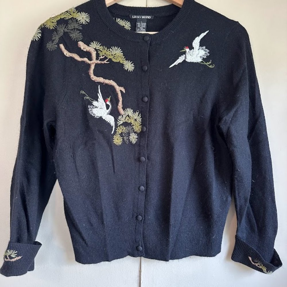 Lucky Brand Embroidered Crane Sweater Size Large